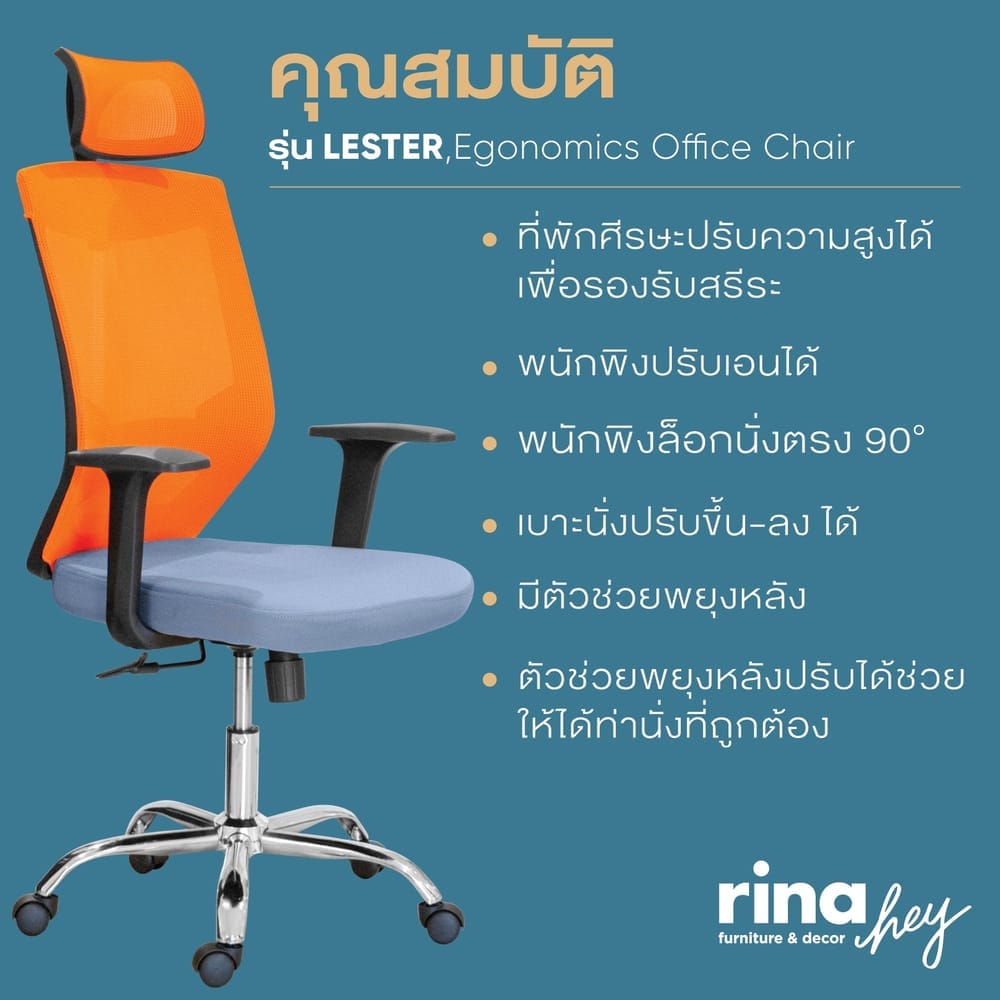เก้าอี้สำนักงานเพื่อสุขภาพ RINA HEY รุ่น LESTER สีเทา/ส้ม